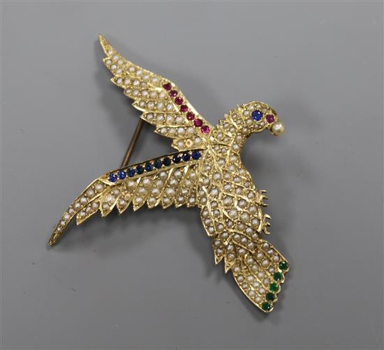 A 15ct gold, seed pearl and gem set parrot brooch, 65mm.